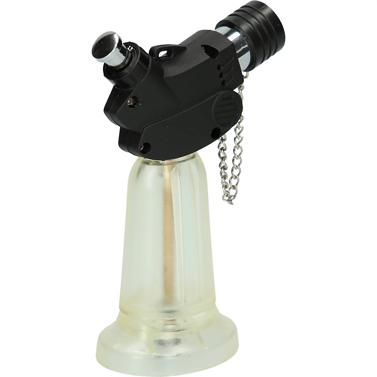 Ein schwarzer, abgewinkelter Gasbrenner mit silbernen Akzenten und einem transparenten, bauchigen Tank.